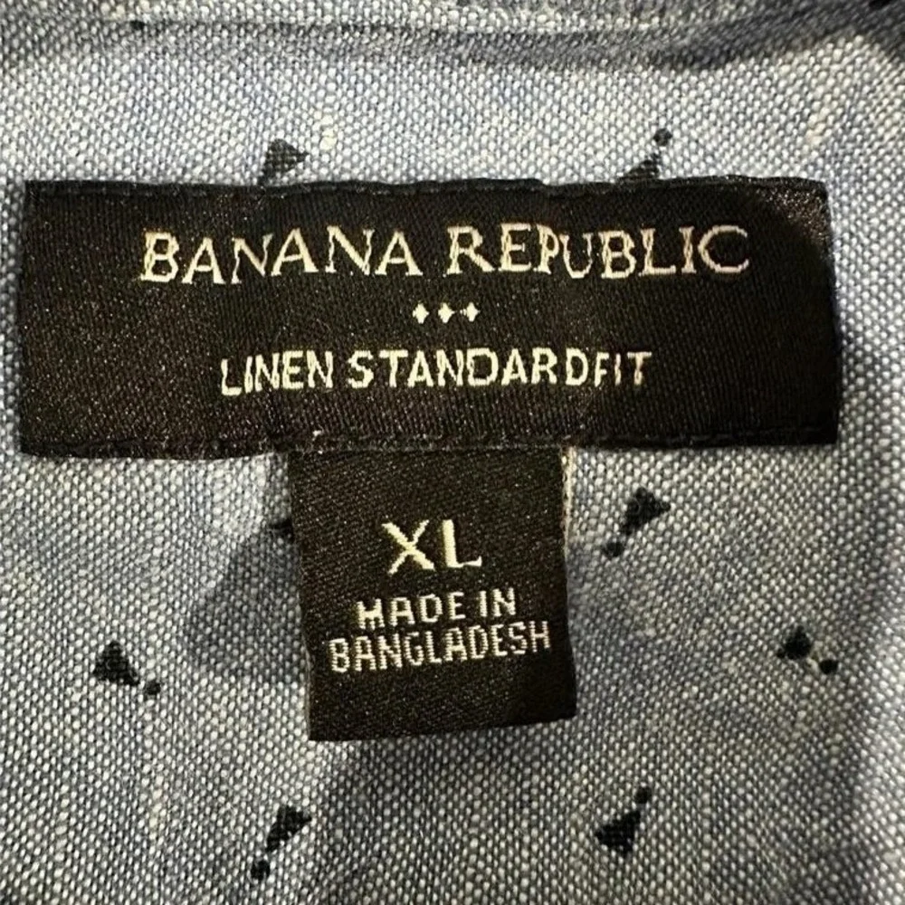 Banana Republic Mens XL Linen Blend Short Sleeve Button Up Shirt Blue Geometric